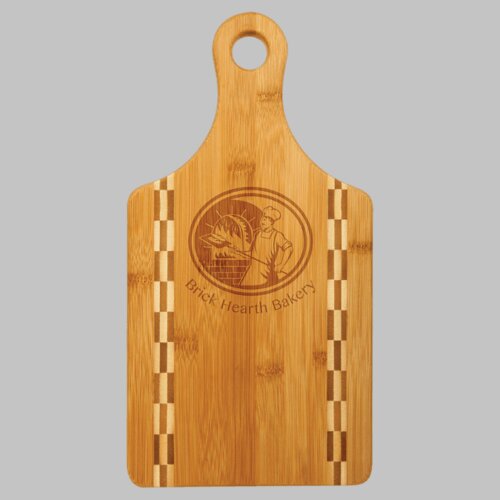 Personalized 13 1/2" x 7" Paddle Shaped Bamboo Cutting Board with Butcher Block Inlay Thumbnail