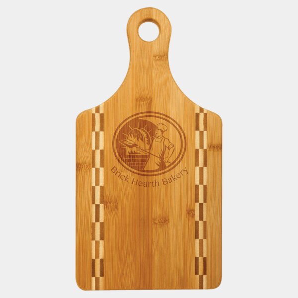 Personalized 13 1/2" x 7" Paddle Shaped Bamboo Cutting Board with Butcher Block Inlay Thumbnail