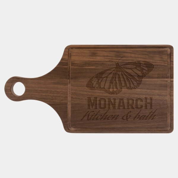 Personalized 13 1/2" x 7" Walnut Cutting Board Paddle Shape with Drip Ring Thumbnail