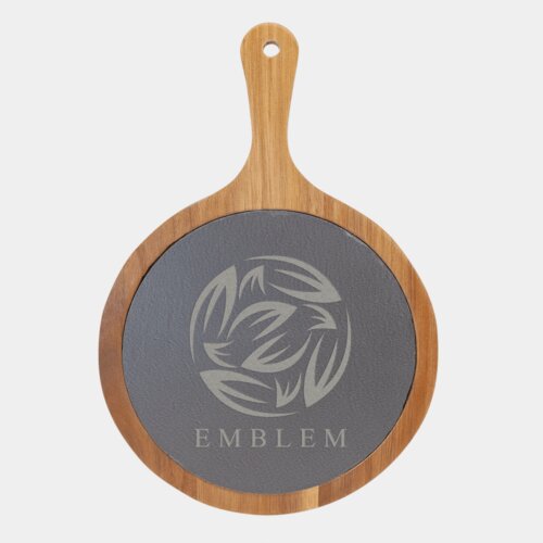Personalized 8 1/4" x 12 1/4" Round Acacia Wood/Slate Serving Board with Handle Thumbnail