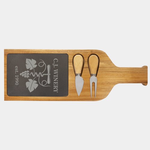 Personalized 17 1/2" x 6" Acacia Wood/Slate Serving Board with Two Tools Thumbnail