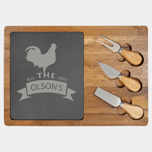 Personalized 13 3/4" x 9 3/4" Acacia Wood/Slate Rectangle Cheese Set with Three Tools Thumbnail