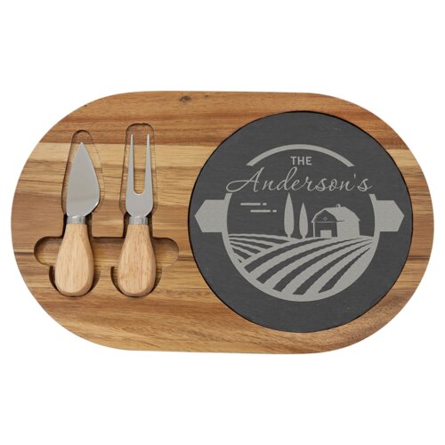 Personalized 12 1/2" x 7 3/4" Acacia Wood/Slate Oval Cheese Set with Two Tools Thumbnail