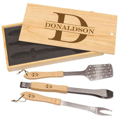 Personalized 3-Piece BBQ Set in Wooden Pine Box Thumbnail