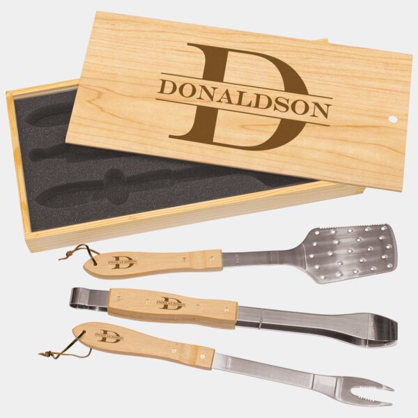 Personalized 3-Piece BBQ Set in Wooden Pine Box Thumbnail