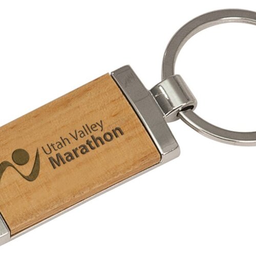 Personalized 7/8" x 1 7/8" Silver/Wood Laserable Rectangle Keychain Thumbnail