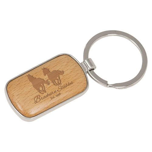 Personalized 1" x 1 3/4" Silver/Wood Laserable Rounded Corner Rectangle Keychain Thumbnail