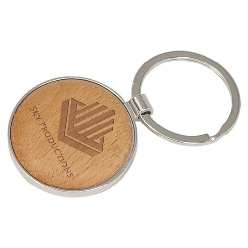 Personalized 1 5/8" Silver/Wood Laserable Round Keychain Thumbnail