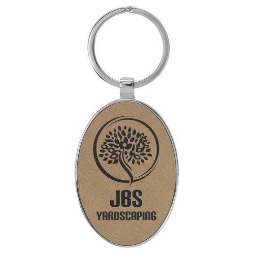 Personalized 3" x 1 3/4" Laserable Leatherette/Metal Light Brown Oval Keychain Thumbnail