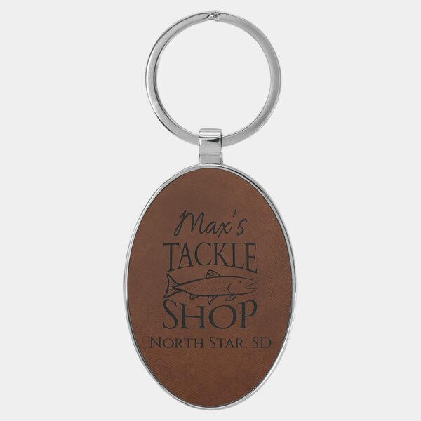 Personalized 3" x 1 3/4" Laserable Leatherette/Metal Dark Brown Oval Keychain Thumbnail