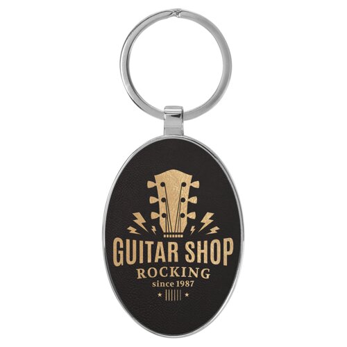 Personalized 3" x 1 3/4" Laserable Leatherette/Metal Black/Gold Oval Keychain Thumbnail