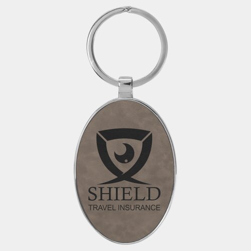Personalized 3" x 1 3/4" Laserable Leatherette/Metal Gray Oval Keychain Thumbnail