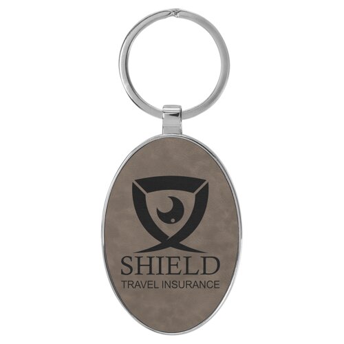 Personalized 3" x 1 3/4" Laserable Leatherette/Metal Gray Oval Keychain Thumbnail