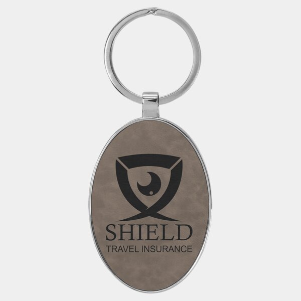 Personalized 3" x 1 3/4" Laserable Leatherette/Metal Gray Oval Keychain Thumbnail