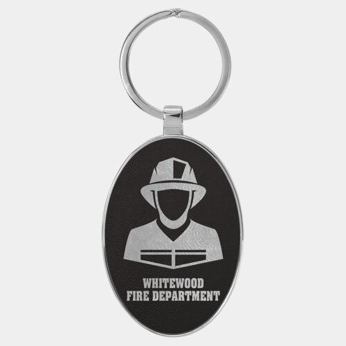 Personalized 3" x 1 3/4" Laserable Leatherette/Metal Black/Silver Oval Keychain Thumbnail