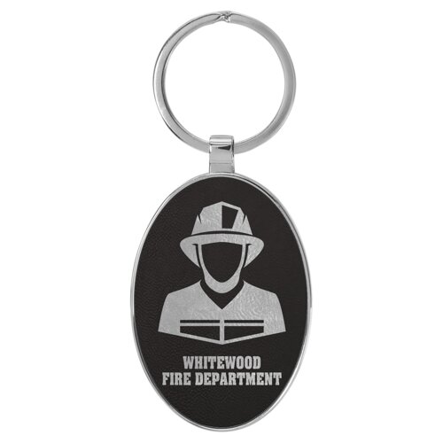Personalized 3" x 1 3/4" Laserable Leatherette/Metal Black/Silver Oval Keychain Thumbnail
