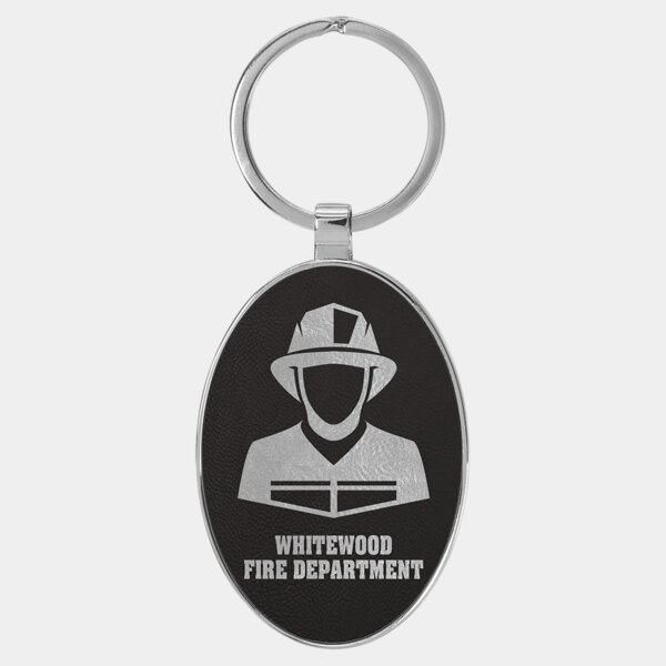Personalized 3" x 1 3/4" Laserable Leatherette/Metal Black/Silver Oval Keychain Thumbnail