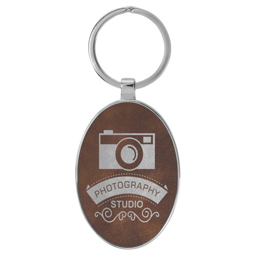 Personalized 3" x 1 3/4" Laserable Leatherette/Metal Rustic/Silver Oval Keychain Thumbnail