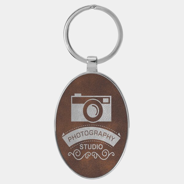 Personalized 3" x 1 3/4" Laserable Leatherette/Metal Rustic/Silver Oval Keychain Thumbnail