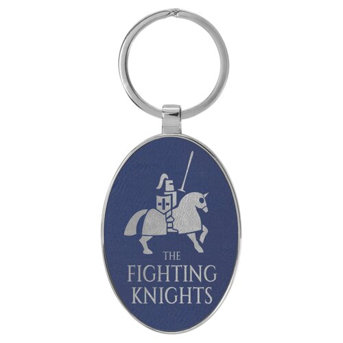 Personalized 3" x 1 3/4" Laserable Leatherette/Metal Blue/Silver Oval Keychain Thumbnail