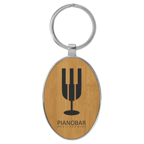 Personalized 3" x 1 3/4" Laserable Leatherette/Metal Bamboo Oval Keychain Thumbnail