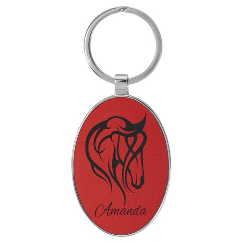 Personalized 3" x 1 3/4" Laserable Leatherette/Metal Red Oval Keychain Thumbnail