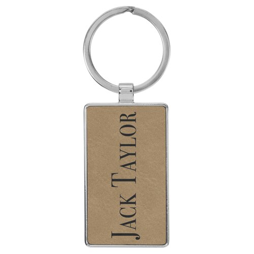 Personalized 2 3/4" x 1 1/4" Laserable Leatherette/Metal Light Brown Rectangle Keychain Thumbnail