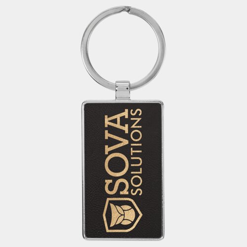 Personalized 2 3/4" x 1 1/4" Laserable Leatherette/Metal Black/Gold Rectangle Keychain Thumbnail