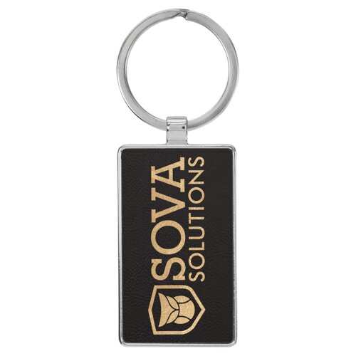 Personalized 2 3/4" x 1 1/4" Laserable Leatherette/Metal Black/Gold Rectangle Keychain Thumbnail