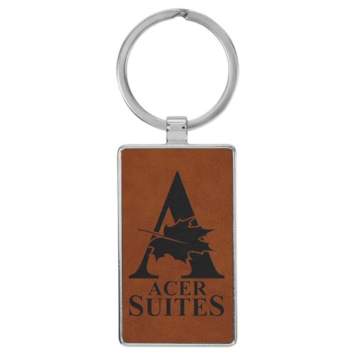 Personalized 2 3/4" x 1 1/4" Laserable Leatherette/Metal Rawhide Rectangle Keychain Thumbnail