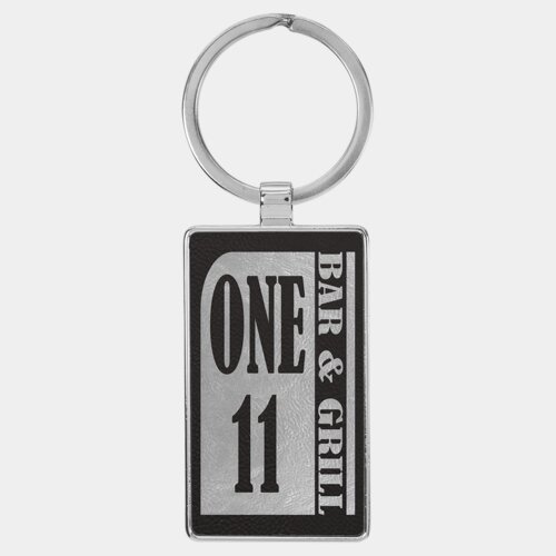 Personalized 2 3/4" x 1 1/4" Laserable Leatherette/Metal Black/Silver Rectangle Keychain Thumbnail