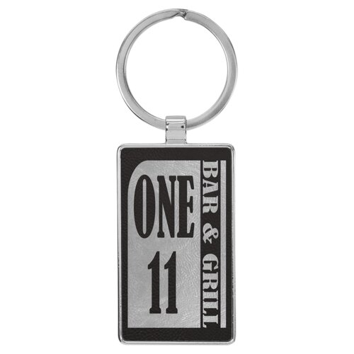Personalized 2 3/4" x 1 1/4" Laserable Leatherette/Metal Black/Silver Rectangle Keychain Thumbnail