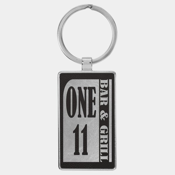 Personalized 2 3/4" x 1 1/4" Laserable Leatherette/Metal Black/Silver Rectangle Keychain Thumbnail