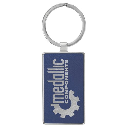 Personalized 2 3/4" x 1 1/4" Laserable Leatherette/Metal Blue/Silver Rectangle Keychain Thumbnail