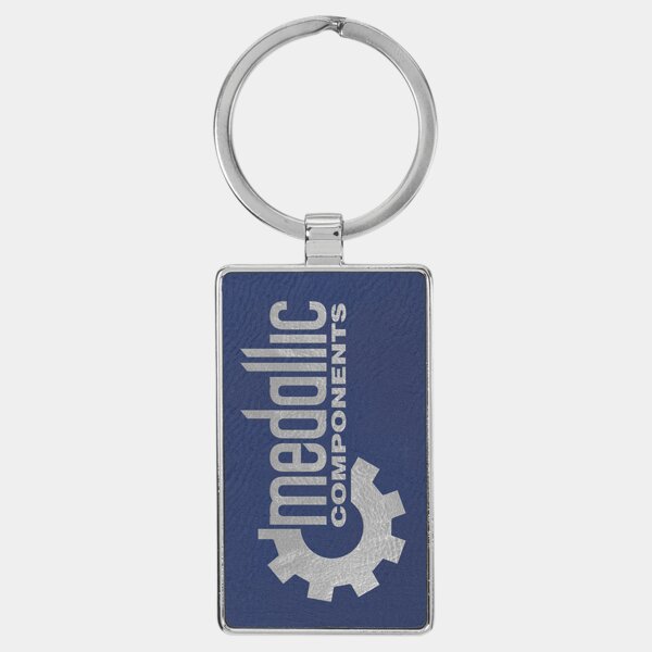 Personalized 2 3/4" x 1 1/4" Laserable Leatherette/Metal Blue/Silver Rectangle Keychain Thumbnail