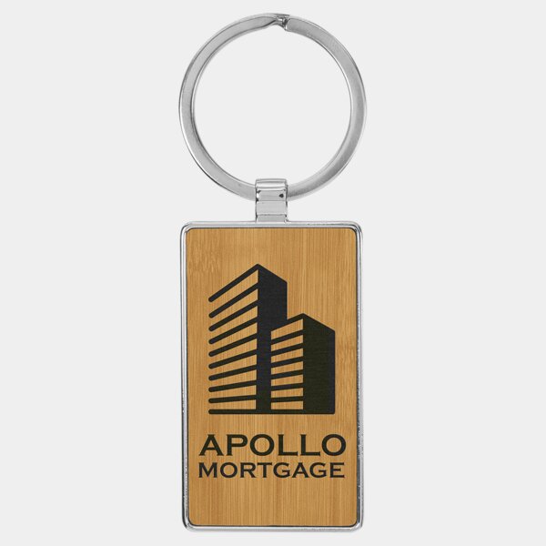 Personalized 2 3/4" x 1 1/4" Laserable Leatherette/Metal Bamboo Rectangle Keychain Thumbnail