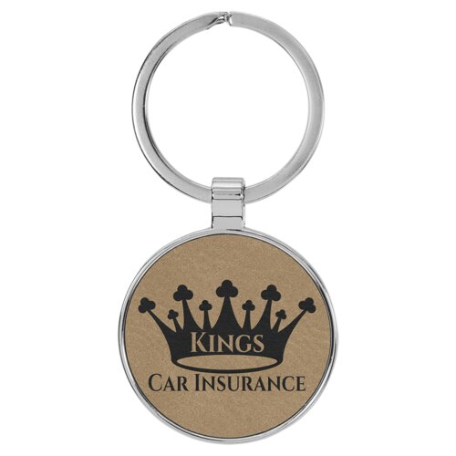 Personalized 1 1/2" Laserable Leatherette/Metal Light Brown Round Keychain Thumbnail