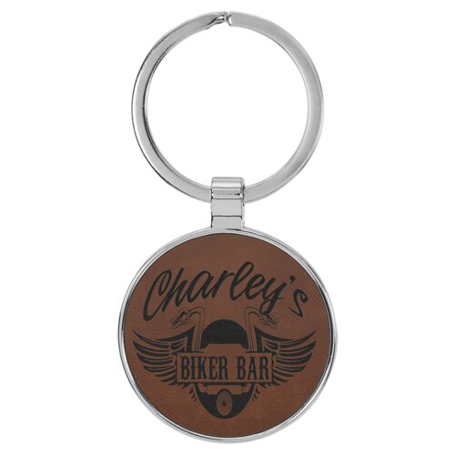 Personalized 1 1/2" Laserable Leatherette/Metal Dark Brown Round Keychain Thumbnail