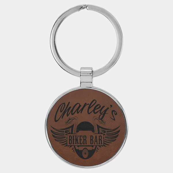 Personalized 1 1/2" Laserable Leatherette/Metal Dark Brown Round Keychain Thumbnail