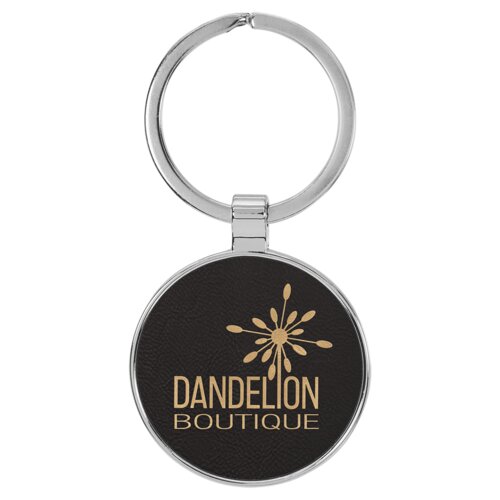 Personalized 1 1/2" Laserable Leatherette/Metal Black/Gold Round Keychain Thumbnail