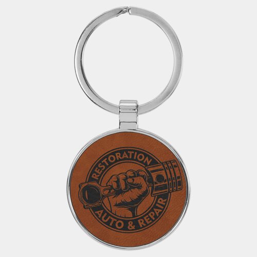 Personalized 1 1/2" Laserable Leatherette/Metal Rawhide Round Keychain Thumbnail