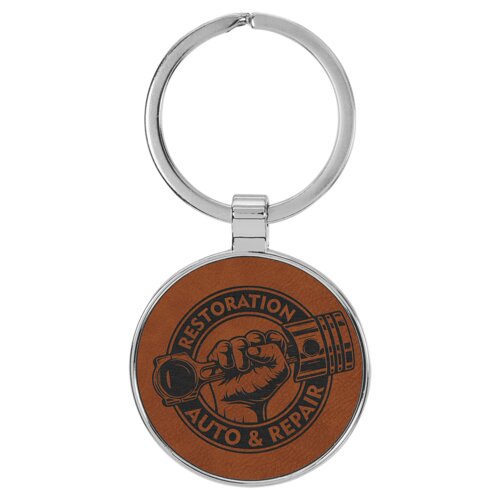 Personalized 1 1/2" Laserable Leatherette/Metal Rawhide Round Keychain Thumbnail
