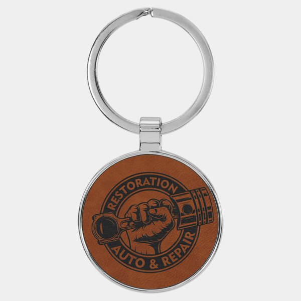 Personalized 1 1/2" Laserable Leatherette/Metal Rawhide Round Keychain Thumbnail
