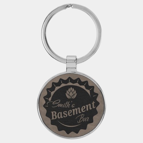 Personalized 1 1/2" Laserable Leatherette/Metal Gray Round Keychain Thumbnail