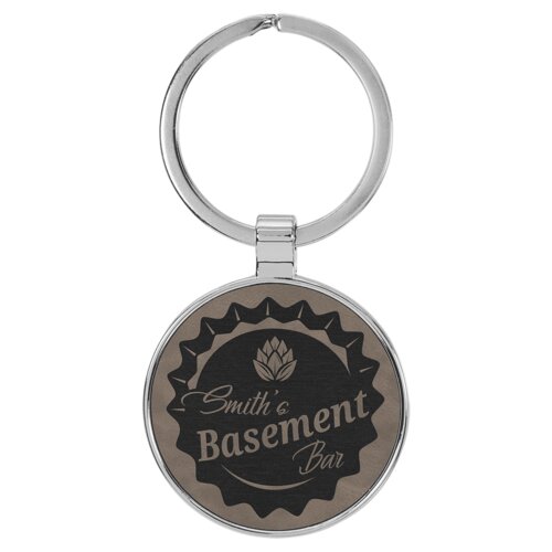 Personalized 1 1/2" Laserable Leatherette/Metal Gray Round Keychain Thumbnail