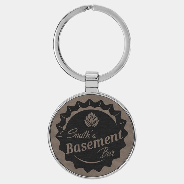Personalized 1 1/2" Laserable Leatherette/Metal Gray Round Keychain Thumbnail
