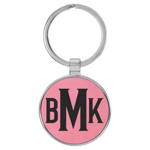 Personalized 1 1/2" Laserable Leatherette/Metal Pink Round Keychain Thumbnail