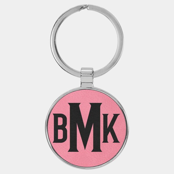 Personalized 1 1/2" Laserable Leatherette/Metal Pink Round Keychain Thumbnail