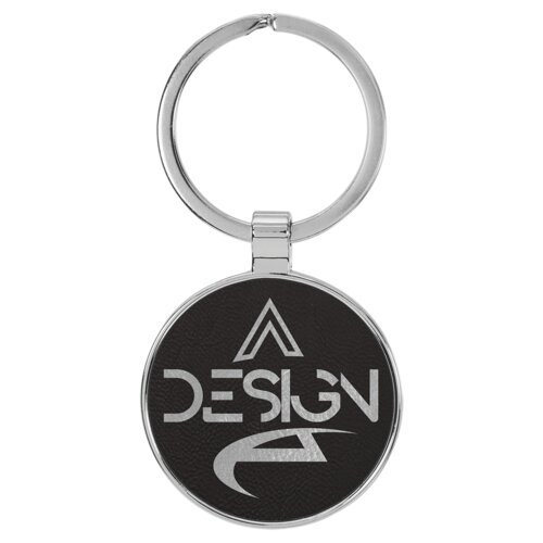 Personalized 1 1/2" Laserable Leatherette/Metal Black/Silver Round Keychain Thumbnail