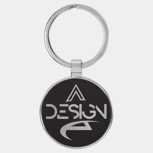 Personalized 1 1/2" Laserable Leatherette/Metal Black/Silver Round Keychain Thumbnail